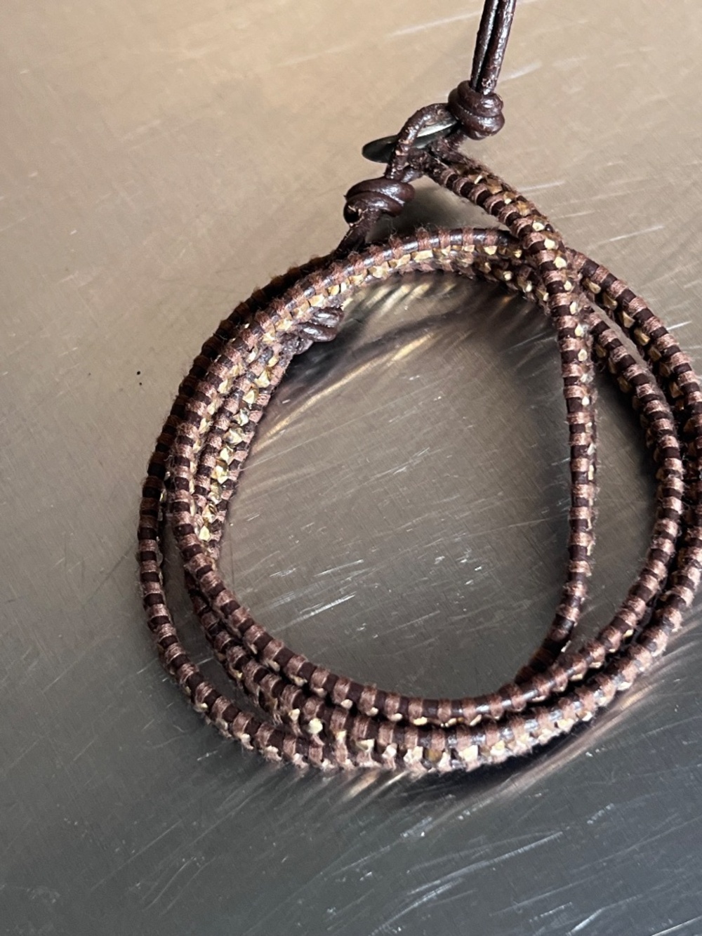 Chan Luu Leather Brown Leather Wrap Bracelet with Gold beads and Sterling Clasp - Picture 2 of 5
